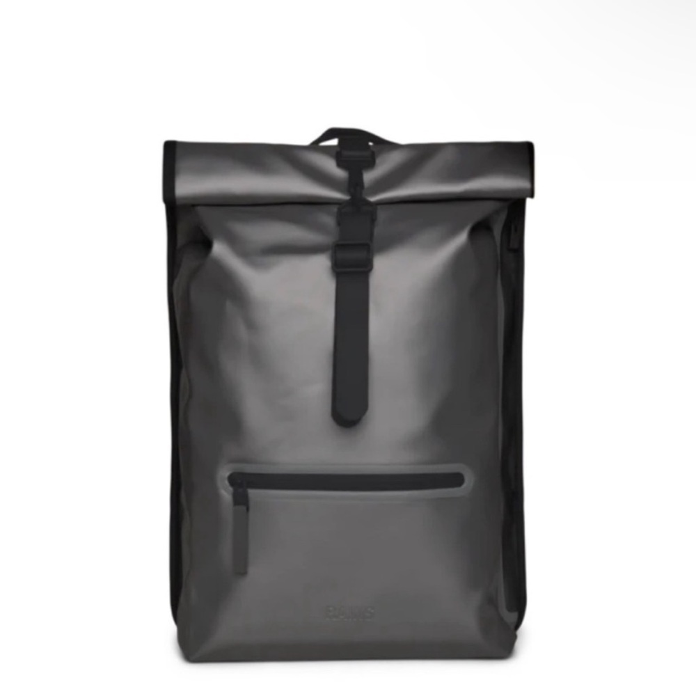 NWT Rains Rolltop Rucksack Backpack in Metallic Grey
